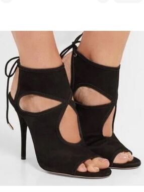 AQUAZZURA SEXY THING 85 Suede Cut-Out Sandal. Black 8
